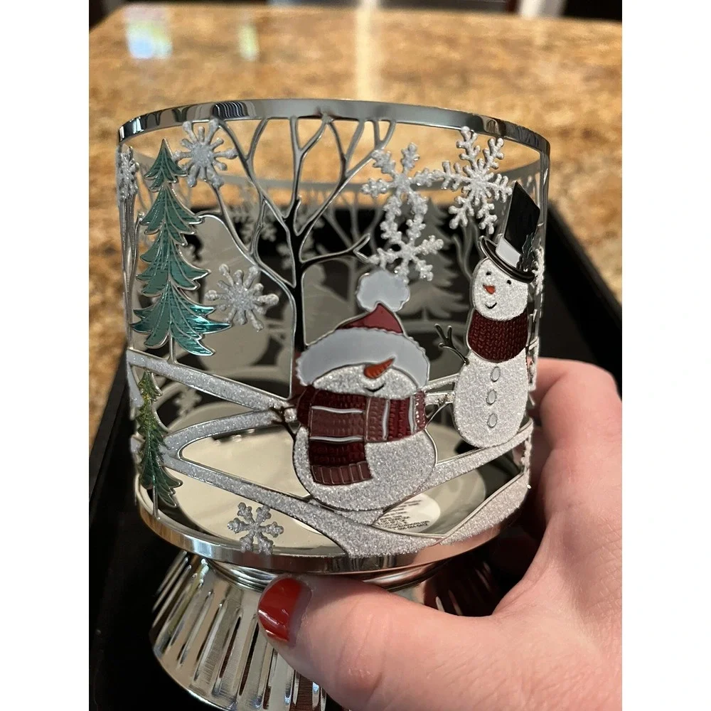 2023 Bath And Body Works 3 Wick‎ Pillar Candle Holder Happy Snowmen Brand New